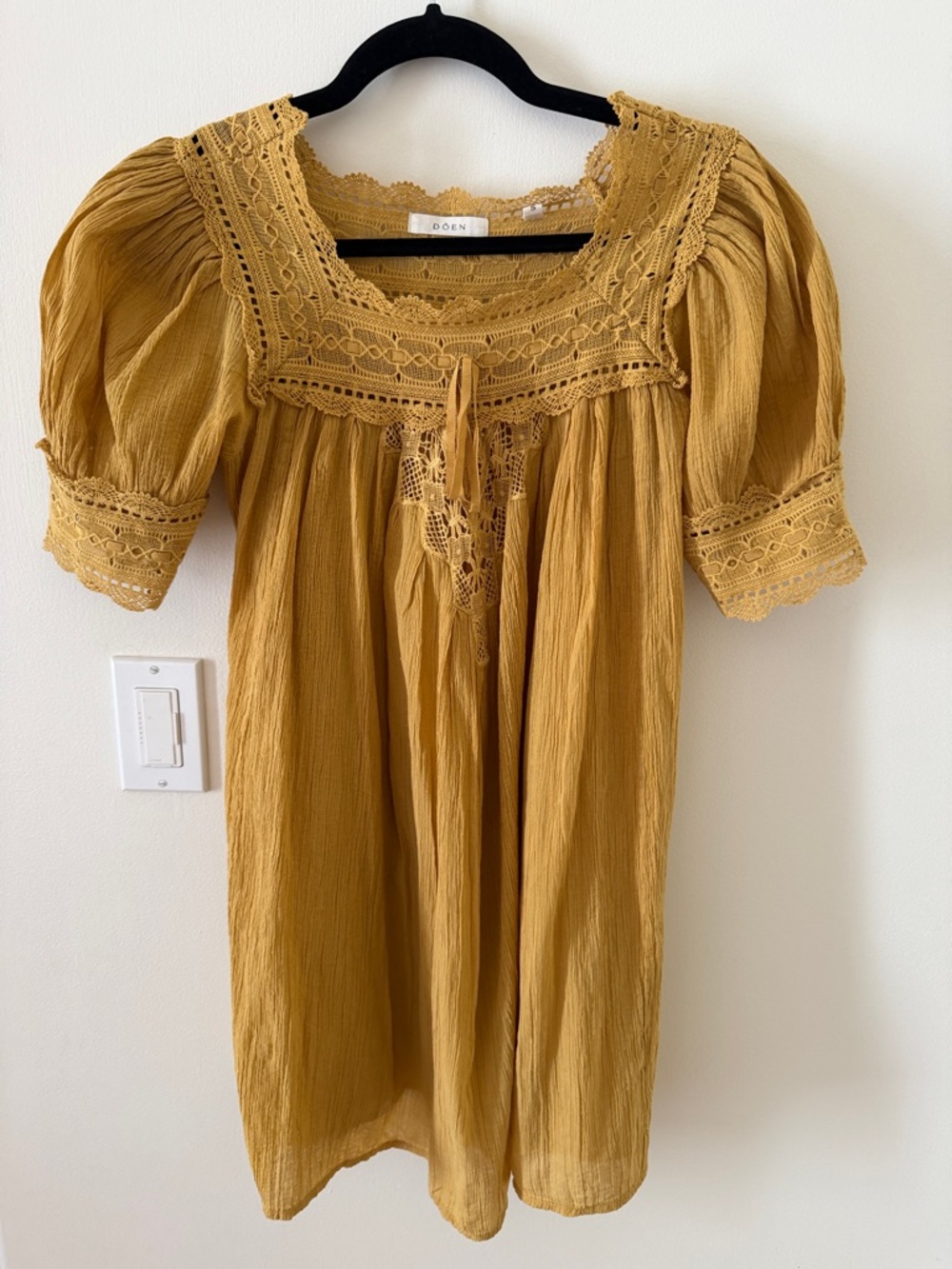 Doen Mustard Crochet-Paneled Puff Sleeve Dress